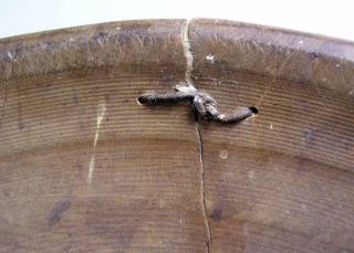 Antique Painted Primitive Wooden Turned Bowl With Early Metal Staple Repairs 11