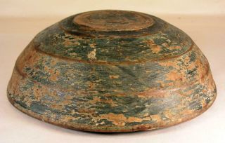 Antique Painted Primitive Wooden Turned Bowl With Early Metal Staple Repairs