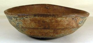 Antique Painted Primitive Wooden Turned Bowl With Early Metal Staple Repairs 2