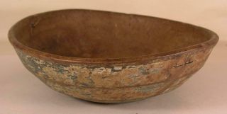 Antique Painted Primitive Wooden Turned Bowl With Early Metal Staple Repairs 3