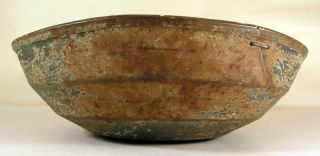 Antique Painted Primitive Wooden Turned Bowl With Early Metal Staple Repairs 5