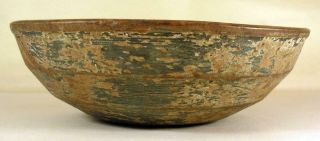 Antique Painted Primitive Wooden Turned Bowl With Early Metal Staple Repairs 6
