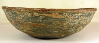 Antique Painted Primitive Wooden Turned Bowl With Early Metal Staple Repairs 8