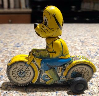 Rare Vintage Linemar Disney Pluto On Motorcycle Tin Toy Friction 3 "