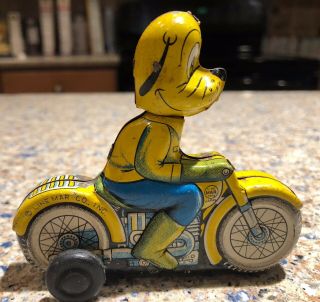 RARE Vintage Linemar Disney Pluto on Motorcycle Tin Toy Friction 3 