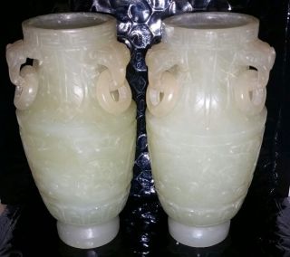 Antique Twin Chinese White Jade Hetian Ram Horn Jar/vase