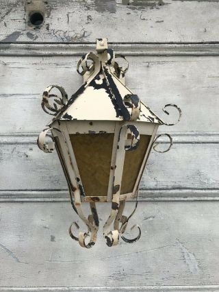 Vintage Spanish Revival Wall Sconce - Outdoor Lantern Light Gothic - Amber Glass 11