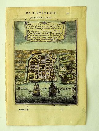 1683 Mallet Puerto Rico San Domingo Old Antique Map Town Plan Santo St Dominique