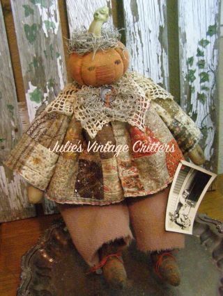 Primitive Fall Pumpkin Doll,  Antique Quilt,  Old Photo,  Folk Art Fall Pumpkin Doll