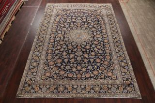 LARGE Vintage NAVY BLUE Floral Oriental Area Rug Hand - Knotted WOOL Carpet 10x14 3