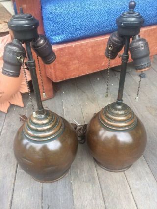 Pair Antique Vintage Arts Crafts Mission Copper End Table Lamps 1930 19”