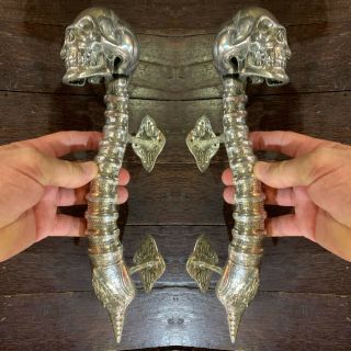 2 Skull Handle Door Pull Spine Brass Old Style Silver Plated 13 " Long B