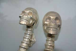 2 SKULL handle DOOR PULL spine BRASS old style SILVER plated 13 