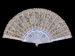 Antique Victorian Duchesse De Bruges Lace Fan Carved Mother Of Pearl French 1880