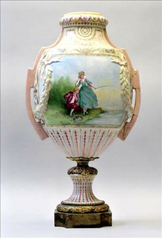 Exclusive French Xl Porcelain Vase Marked Reine Marguerite Thomas 1888