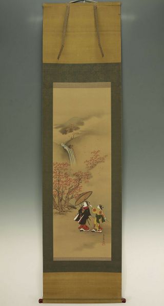 掛軸1967 Japanese Hanging Scroll : Okumura Masanobu " Ukiyoe Beauty In Autumn " @k521