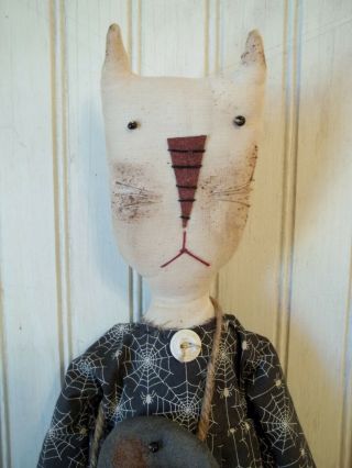 Primitive Grungy Tall Grubby White Kitty Cat Halloween Doll & Her Crow 2