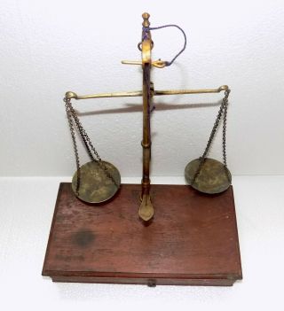 1930s Antique Folding Brass Balance Scale Jewelers 2 Pans With Wooden Box.  C - 311