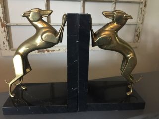 ART DECO STYLE BRASS GREYHOUND WHIPPET (2) BOOKENDS Marble? VTG ANTIQUE 10