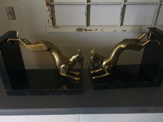 ART DECO STYLE BRASS GREYHOUND WHIPPET (2) BOOKENDS Marble? VTG ANTIQUE 6