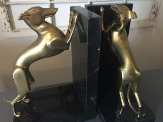ART DECO STYLE BRASS GREYHOUND WHIPPET (2) BOOKENDS Marble? VTG ANTIQUE 8