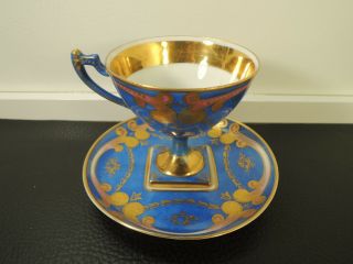 Antique Sevres Porcelain BLUE GOLD DIAMOND Base Cup Saucer c18th - rare 12