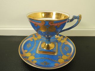 Antique Sevres Porcelain Blue Gold Diamond Base Cup Saucer C18th - Rare
