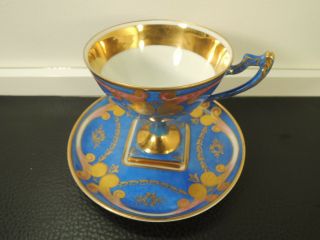 Antique Sevres Porcelain BLUE GOLD DIAMOND Base Cup Saucer c18th - rare 3