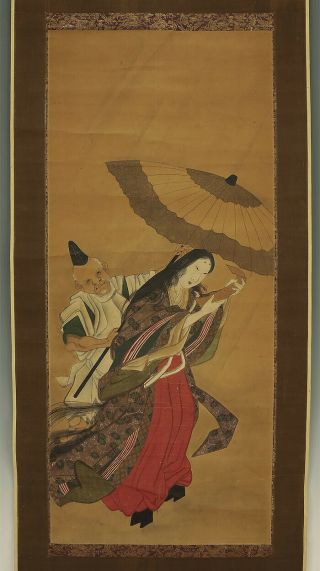 掛軸1967 Japanese Hanging Scroll " Ukiyo - E Beauty And Servant In Rain " @e248