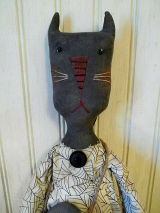 Primitive Grungy Tall Black Kitty Cat Halloween Doll & Her Crow 2