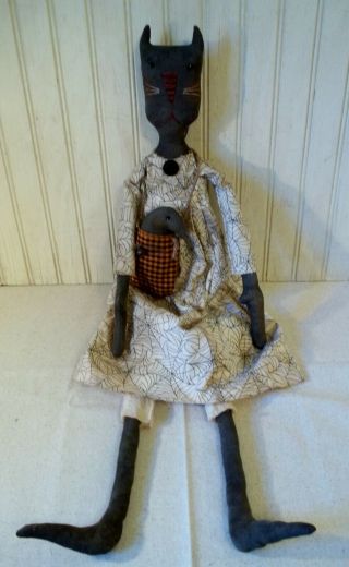 Primitive Grungy Tall Black Kitty Cat Halloween Doll & Her Crow 4