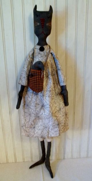 Primitive Grungy Tall Black Kitty Cat Halloween Doll & Her Crow 5