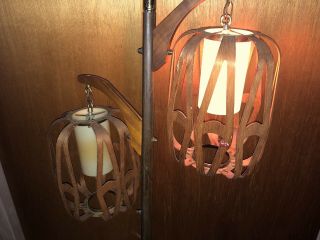 Vintage Mid Century Danish Modern Teak? Wood Pole Lamp Light lantern cut out 11