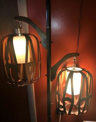 Vintage Mid Century Danish Modern Teak? Wood Pole Lamp Light Lantern Cut Out