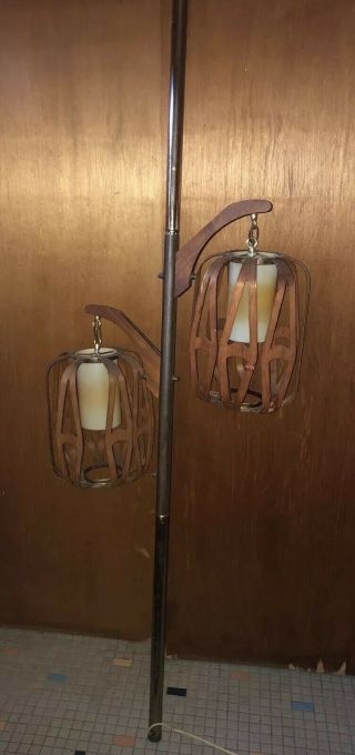 Vintage Mid Century Danish Modern Teak? Wood Pole Lamp Light lantern cut out 2