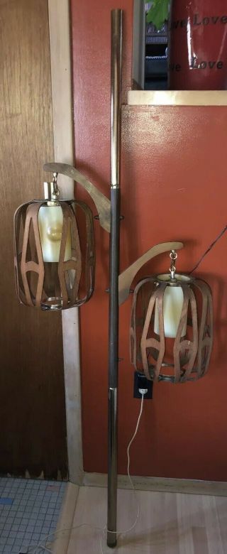 Vintage Mid Century Danish Modern Teak? Wood Pole Lamp Light lantern cut out 3