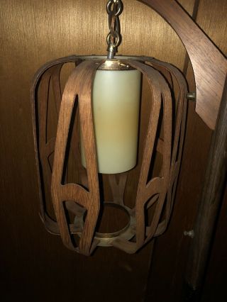 Vintage Mid Century Danish Modern Teak? Wood Pole Lamp Light lantern cut out 4
