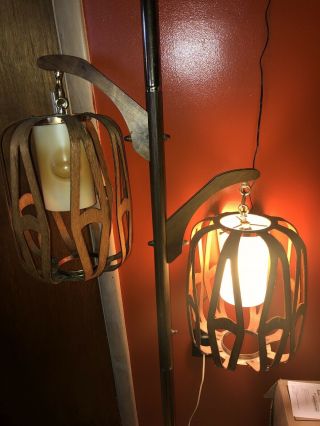 Vintage Mid Century Danish Modern Teak? Wood Pole Lamp Light lantern cut out 5