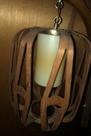 Vintage Mid Century Danish Modern Teak? Wood Pole Lamp Light lantern cut out 8