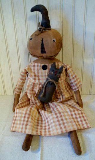 Primitive Grungy Orange Pumpkin Lady Halloween Doll & Her Black Kitty Cat 4