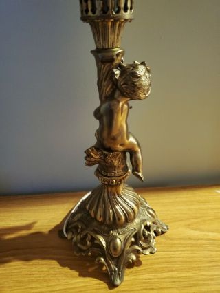 Pair Vintage Hollywood Regency Cherub Table Lamps Brass Enclosed Lantern Shade 11