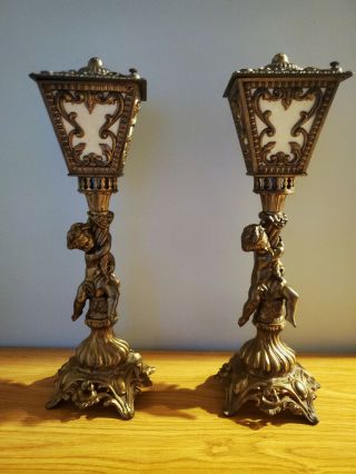 Pair Vintage Hollywood Regency Cherub Table Lamps Brass Enclosed Lantern Shade