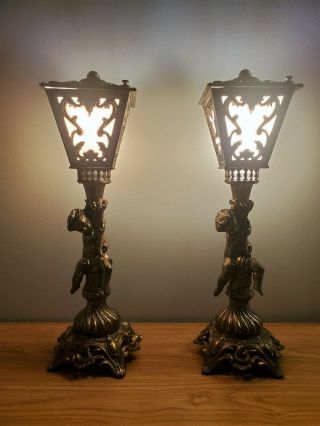 Pair Vintage Hollywood Regency Cherub Table Lamps Brass Enclosed Lantern Shade 2