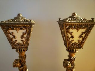 Pair Vintage Hollywood Regency Cherub Table Lamps Brass Enclosed Lantern Shade 3