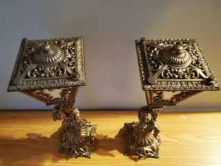 Pair Vintage Hollywood Regency Cherub Table Lamps Brass Enclosed Lantern Shade 4