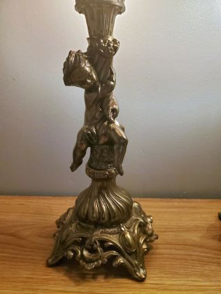 Pair Vintage Hollywood Regency Cherub Table Lamps Brass Enclosed Lantern Shade 5