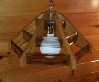 Vtg Mcm Retro Pendant Smoked Glass Panel Wood Hanging Swag Light Lamp