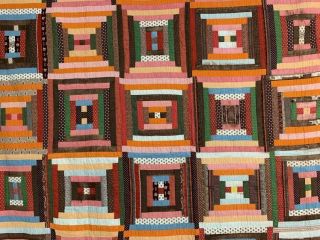Fabric Study c 1850 - 60s Courthouse Steps QUILT Antique Browns Blues Turkey RED 2