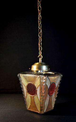 Vintage 1940s Art Deco brass stained panel Gilt glass Light house lantern light 11