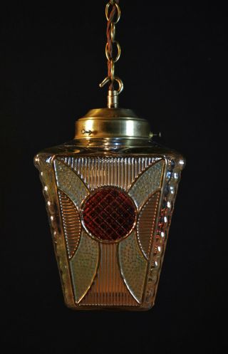 Vintage 1940s Art Deco brass stained panel Gilt glass Light house lantern light 2